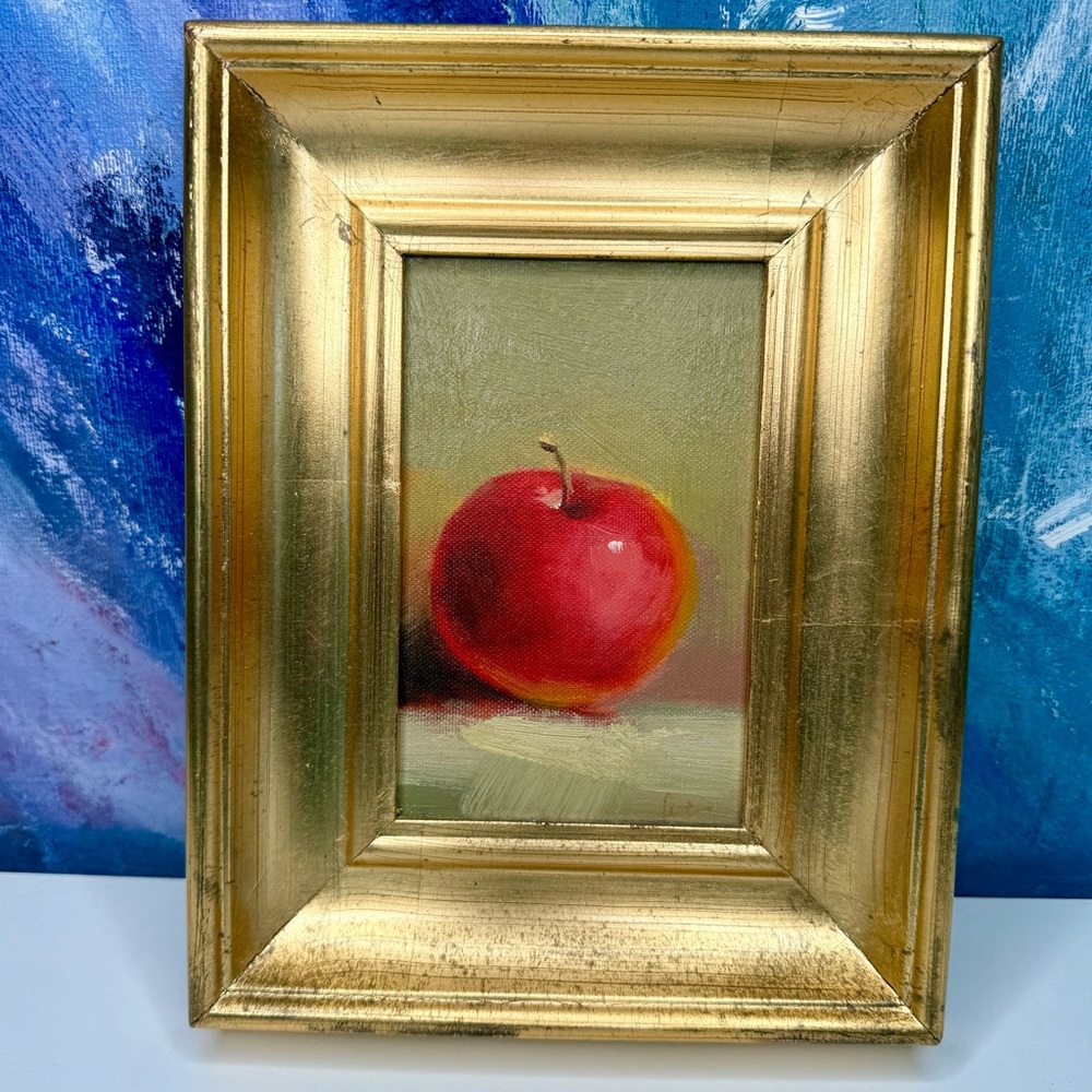 Original Still Life Oil Painting of Apple Framed Metallic Gold Signed Farmhouse